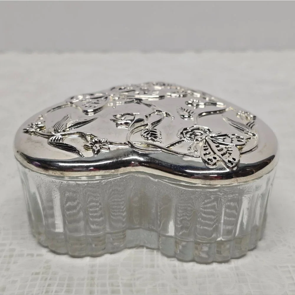 Vintage Silver Plated Butterfly Floral Lid Heart Shaped Glass Trinket Box